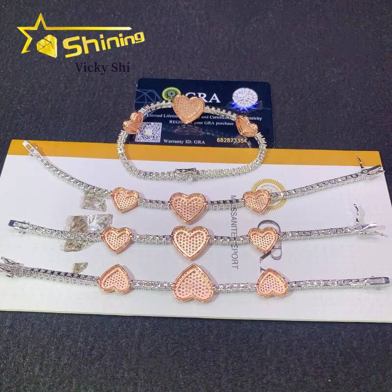 Worldwide Shipping 925 Silver Two Tone Three Heart Moissanite Tennis Bracelet Custom Men Women Hip Hop Moissanite Bracelets