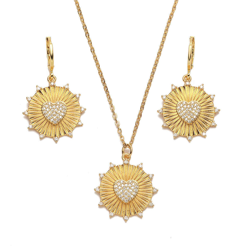 Hot-Selling Designer Fashion Copper Gold-Plated Zircon Heart Round Pendant Necklace Earring Set New