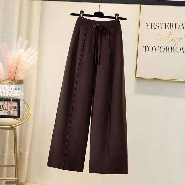 Knitted women spring and autumn high waist elastic drape drawstring loose casual mopping straight wide leg pants