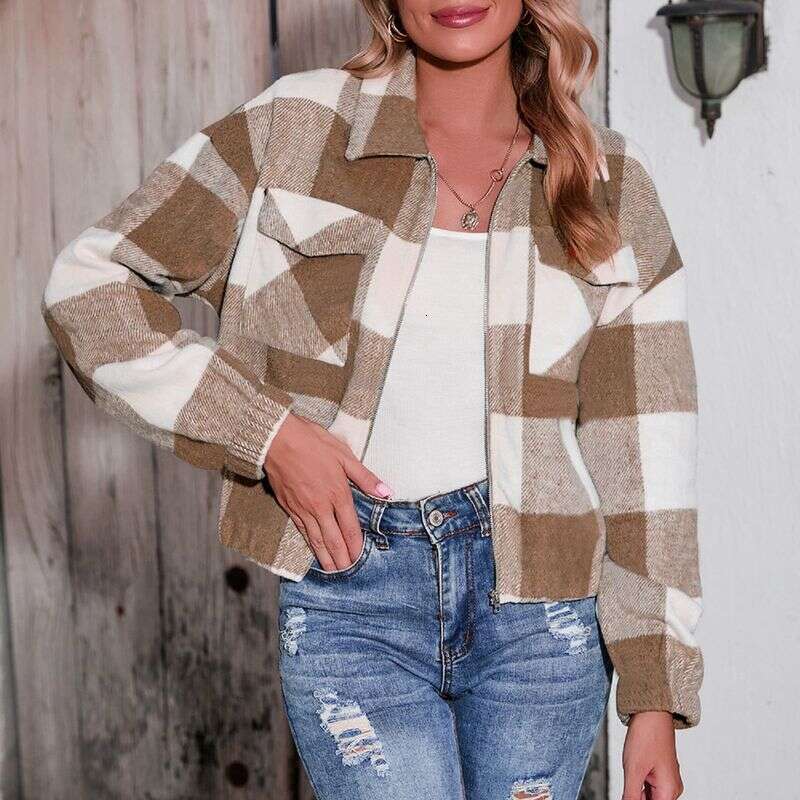 Women's Printed Plaid Versatile Pocket Zipper Jacket Autumn and Winter Casual Short