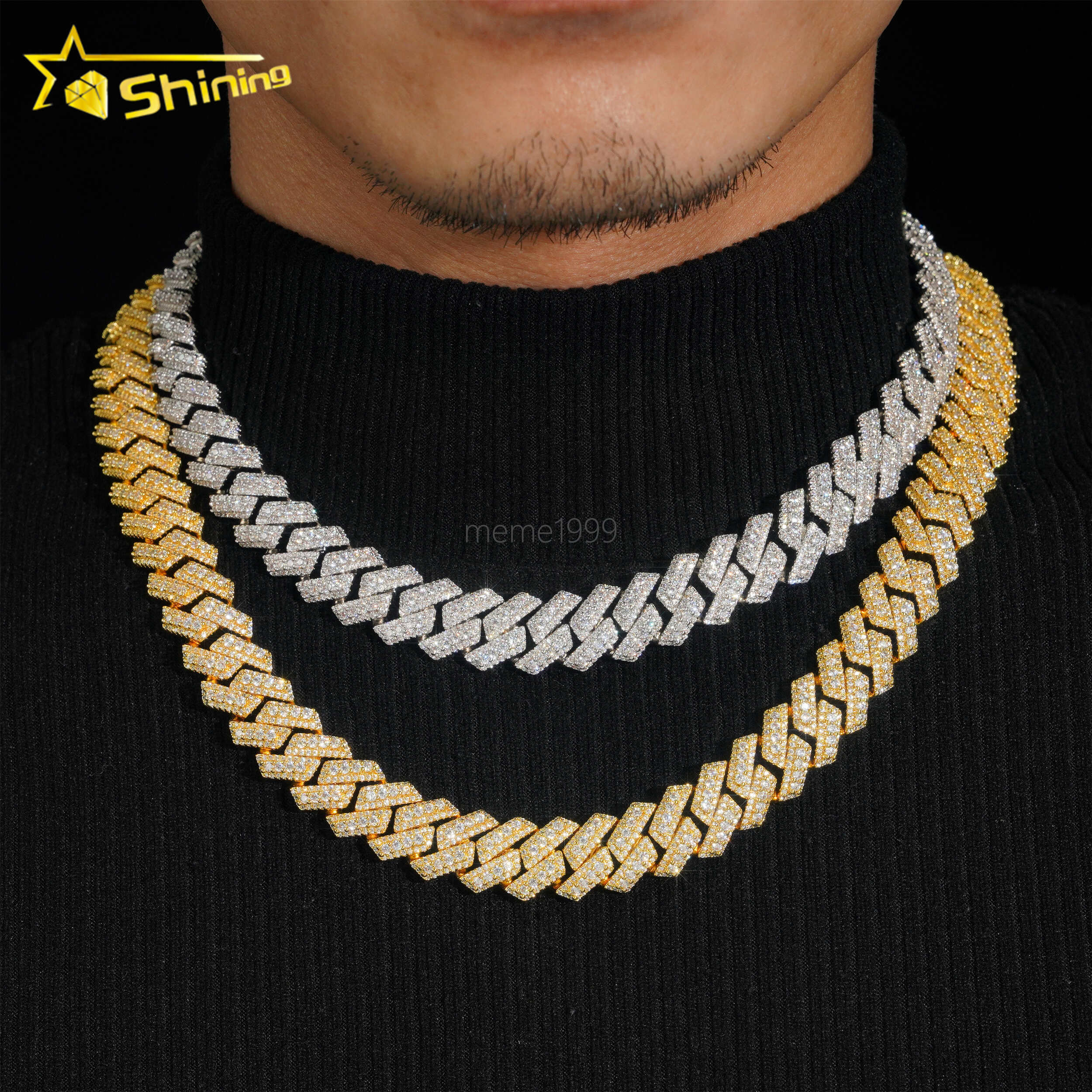Fashion Hip Hop Jewelry Cuban Link Chain Men 2Rows 15MM Width 18K Gold Plated Round moissanite Brass Cuban Chain