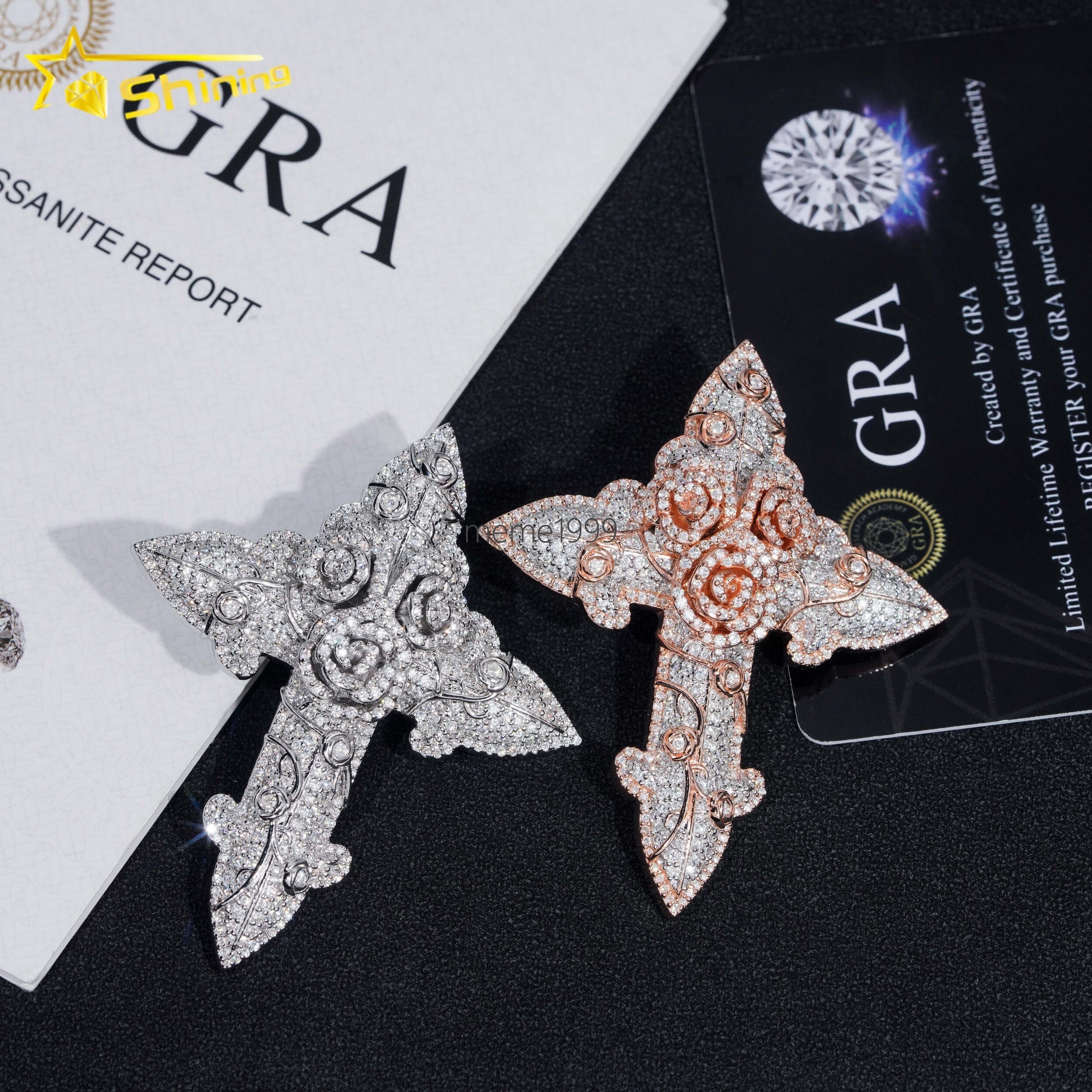 Hip Hop Style 3D Charms 925 Sterling Silver Solid 2.5 Tall Iced Out Custom Rose Cross Moissanite Pendant