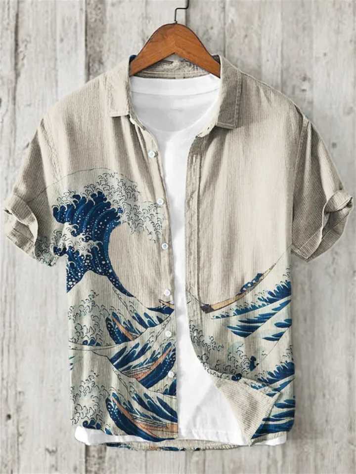 Kanagawa Surf Linen Mens Shirt Summer Hawaiian Shirt HD Pattern Comfortable Breathable Mens Clothing Fashion Button Design Y250819