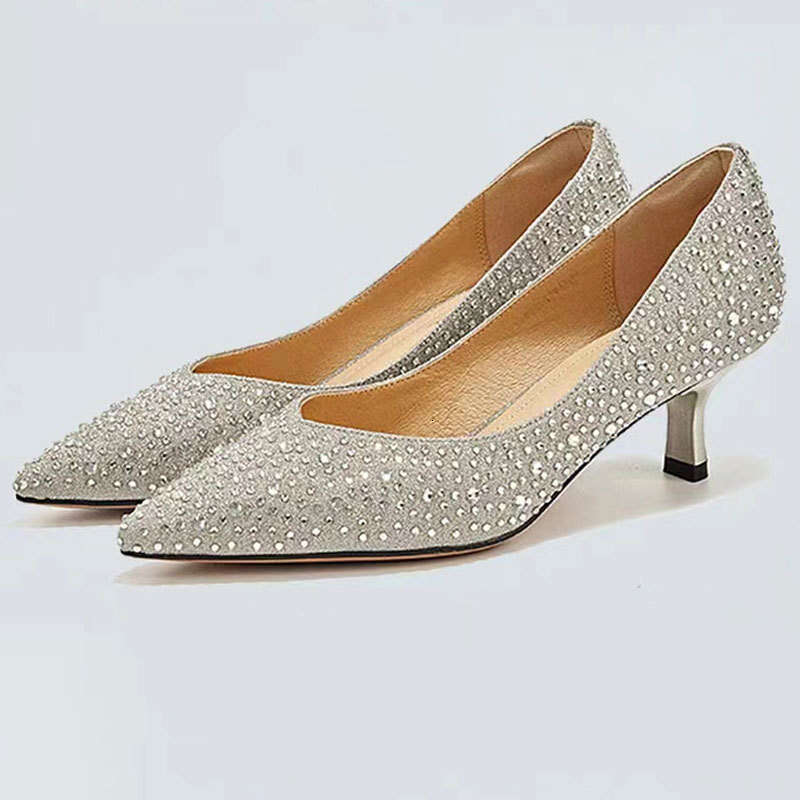 Full Diamond Elegant Pointed Toe Fashion Gold Rhinestone Stiletto Single Women Slip-On High Heels Ladies Wedding Shoes