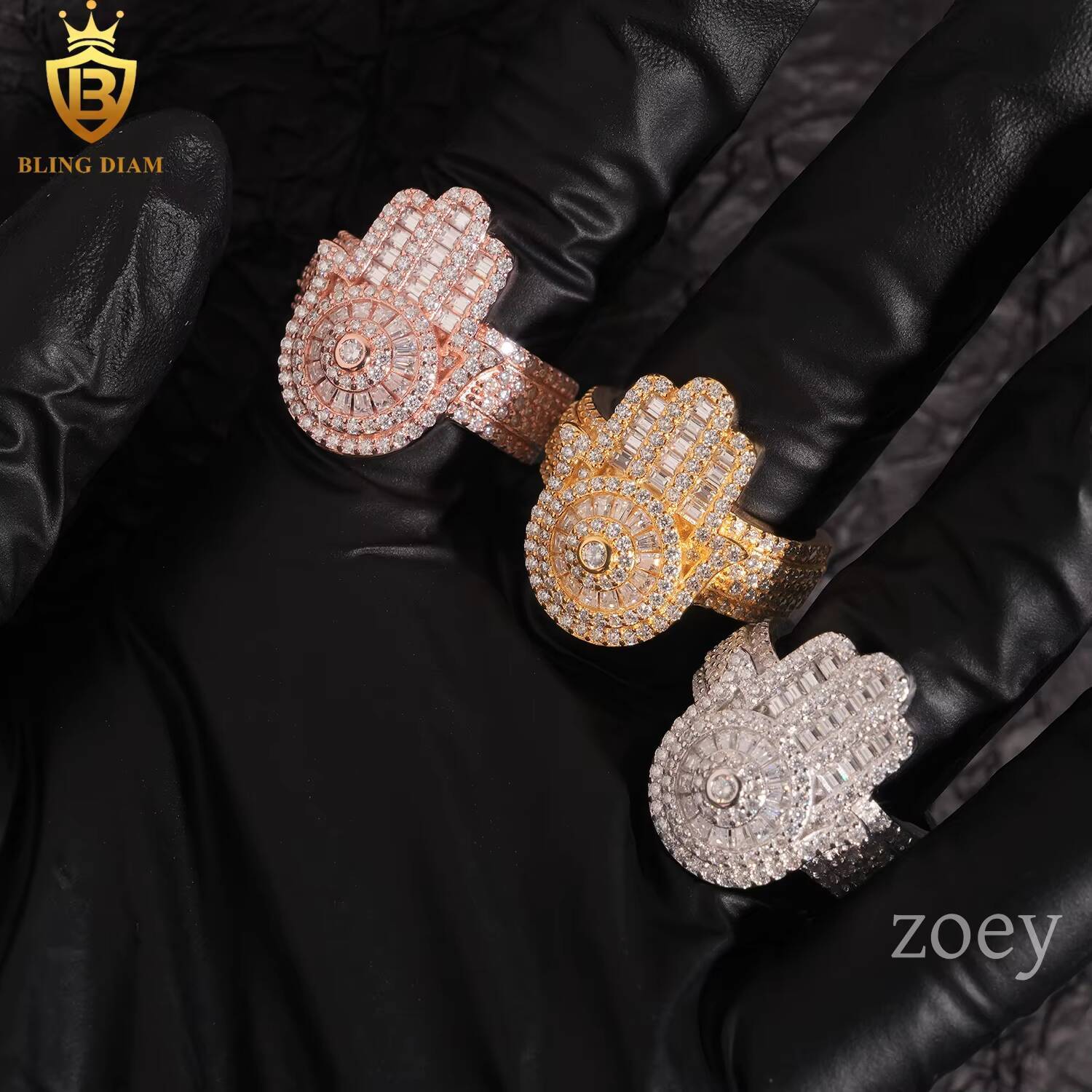 Wholesale Hip Hop Jewelry 925 Sterling Silver Ice Out Vvs Moissanite Fully Diamond Men Rings Square and Hamsa