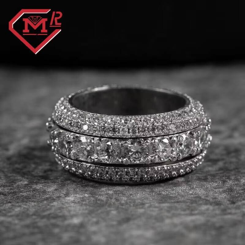 Hot Sale Iced Out Band Ring for Rappers Sterling Silver Hip Hop Moissanite Eternity Rings for Men