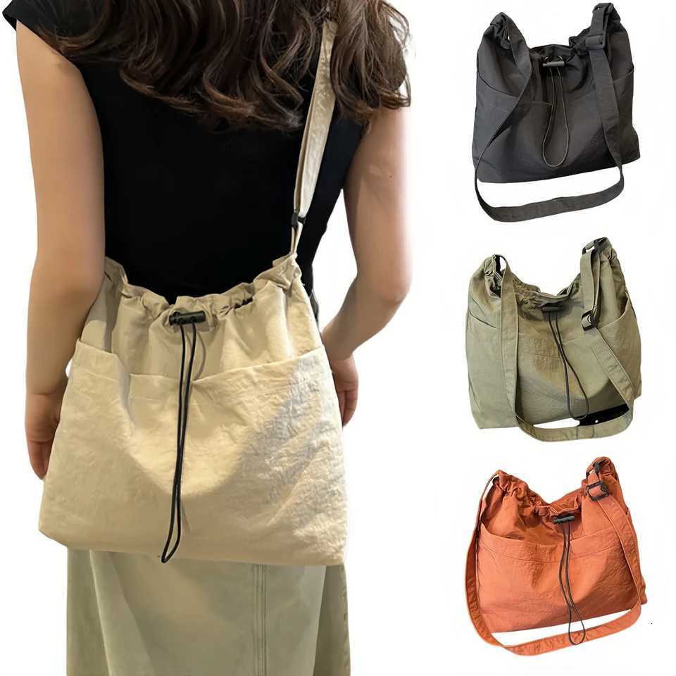 Womens bucket bag with top drawstring closure - Spacious nylon textured tote bag for casual outings and travel essentials-tan Y250819