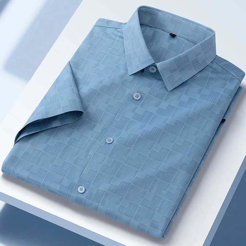 New in shirt summer short sleeve shirts for men slim fit formal plain shirt soft office striped top wrinkle free elastic clothes Y250819