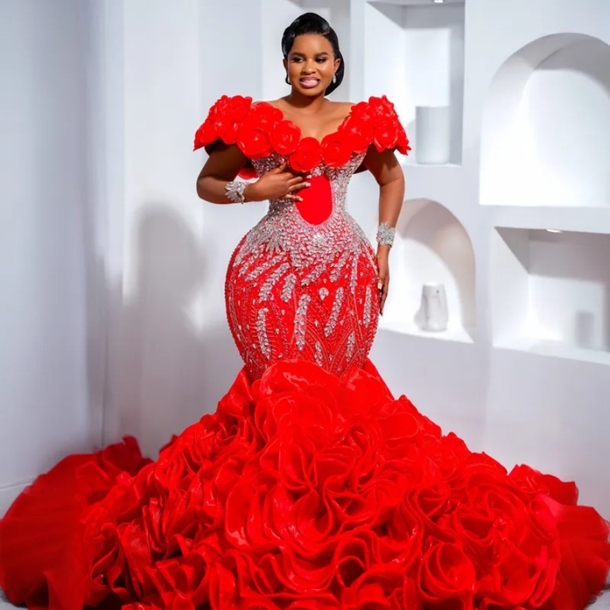 2026 Plus Size Red Prom Dresses New Mermaid Evening Dresses Illusion Luxurious Sheer Neck Ruffles Bead Lace Crystals Birthday Party Dress Second Recep