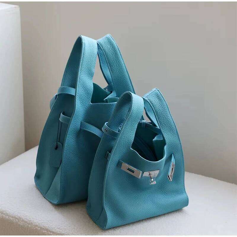 Brand Cowhide Basket Women Tote Garbage Hand-Held Buckle Design Shoulder Underarm Bucket Soft Leather Bag