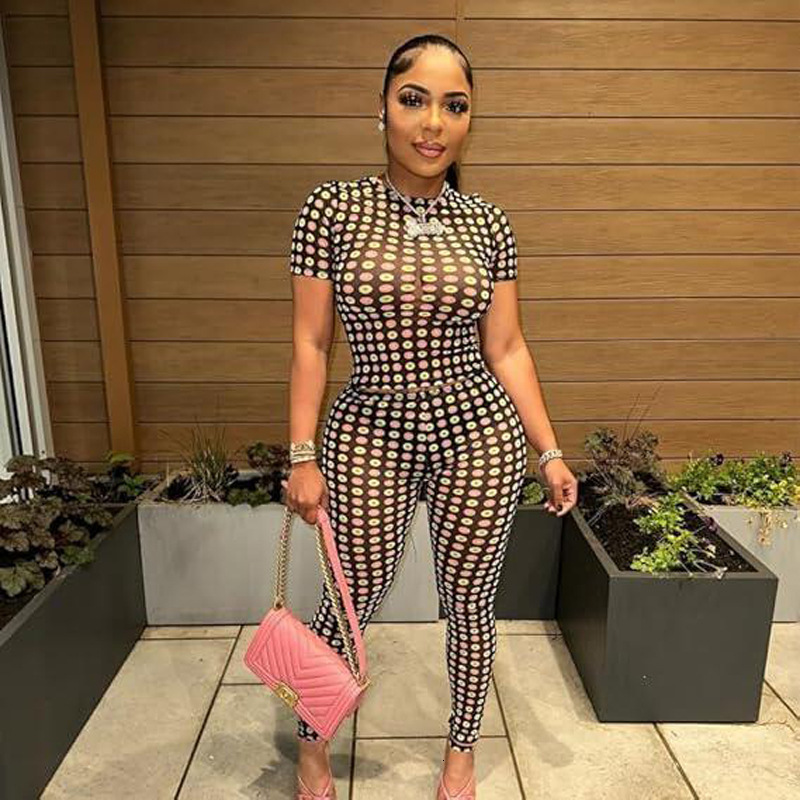 D9776 Womens Fashion Colorful Polka Dot Mesh Printed Short Sleeve Long Pants Two-Piece Set