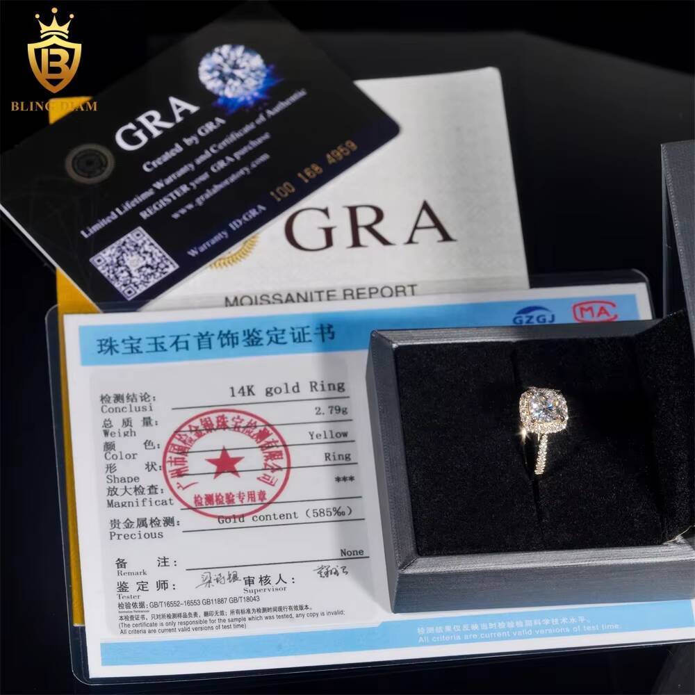 Custom Cushion Lab Diamonds Luxury 14K Real Gold VVS Moissanite Diamonds Wedding/Engagement Rings for Women