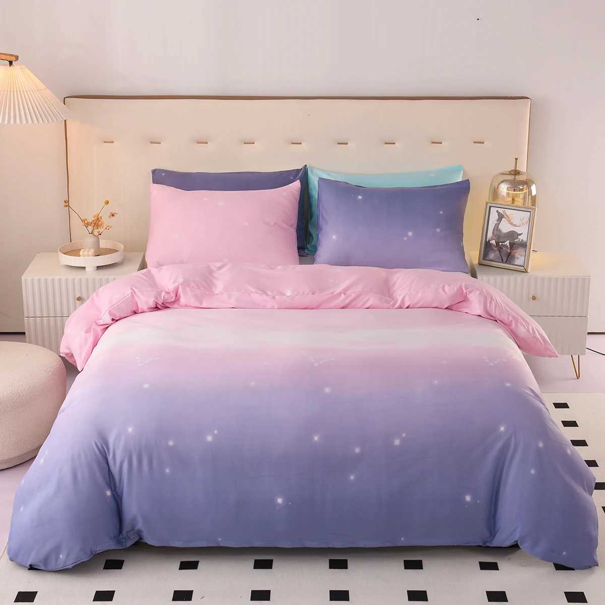 3pcs Fantasy Pink and Purple Gradient Duvet Cover Set Microfiber Galaxy Bedding Set Starry Sky Print Quilt Cover For Girls Room Y250819