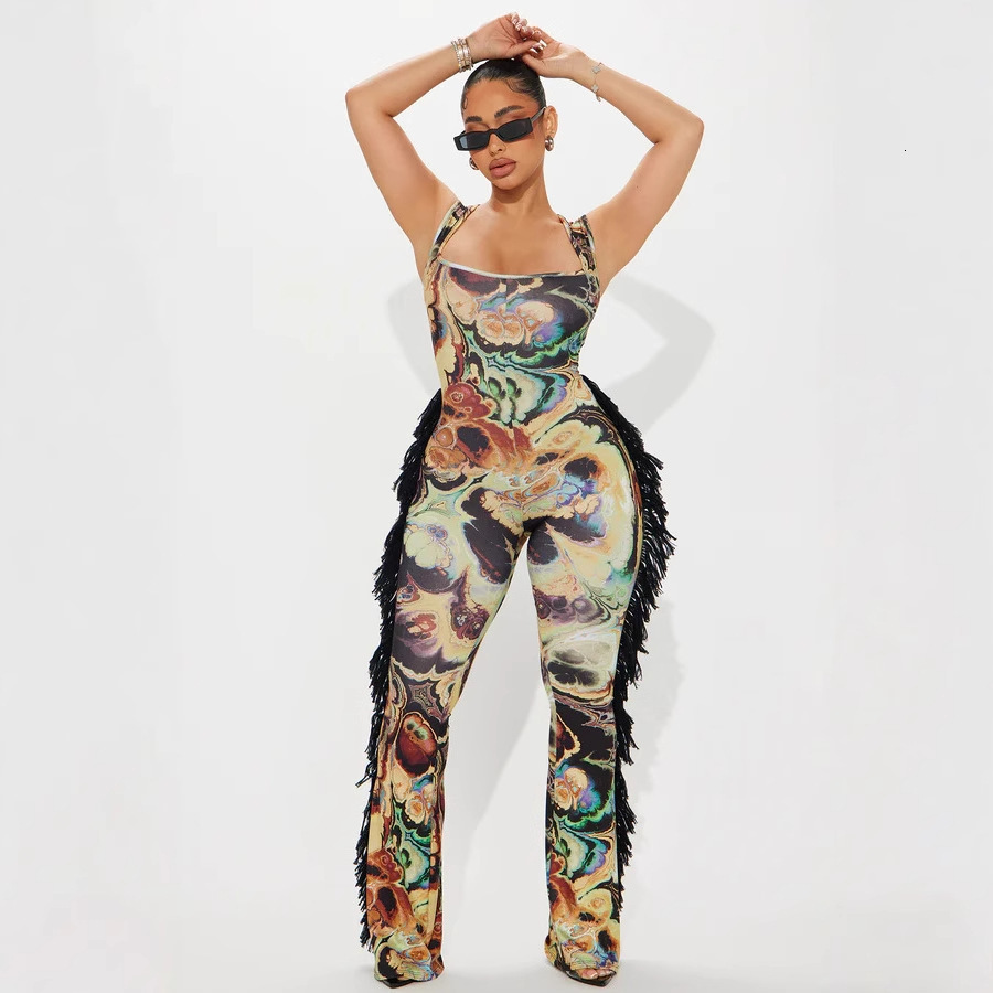 D9781 Womens Fashion Sexy Strap Colorful Random Print Tassel Trim Jumpsuit