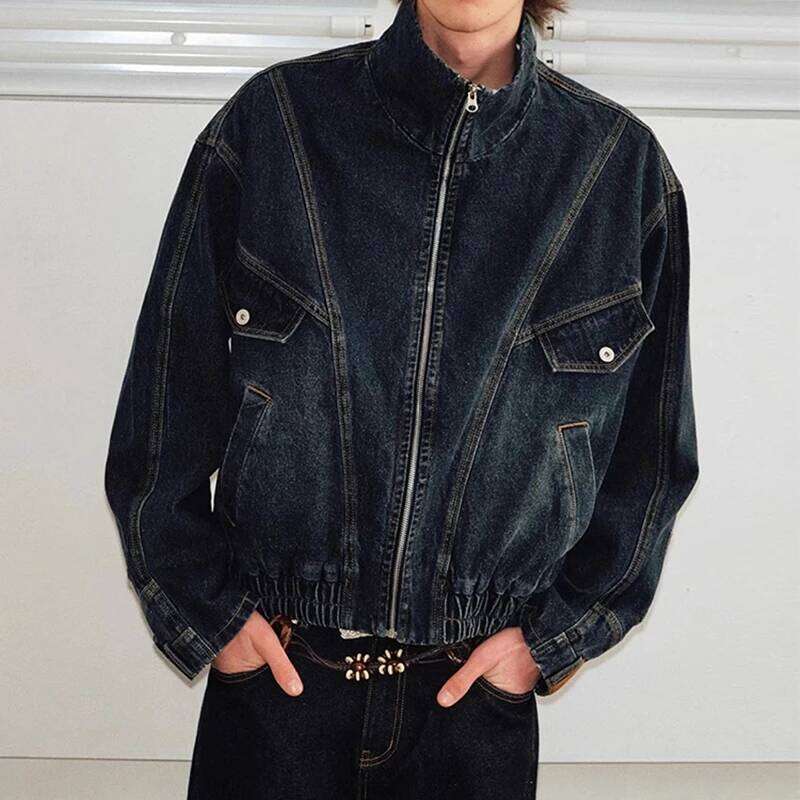 Fashionable Mens Patchwork Jacket Streetwear Vintage Stand Collar Zip-up Denim Jackets For Men Spring Casual Jean Outerwear