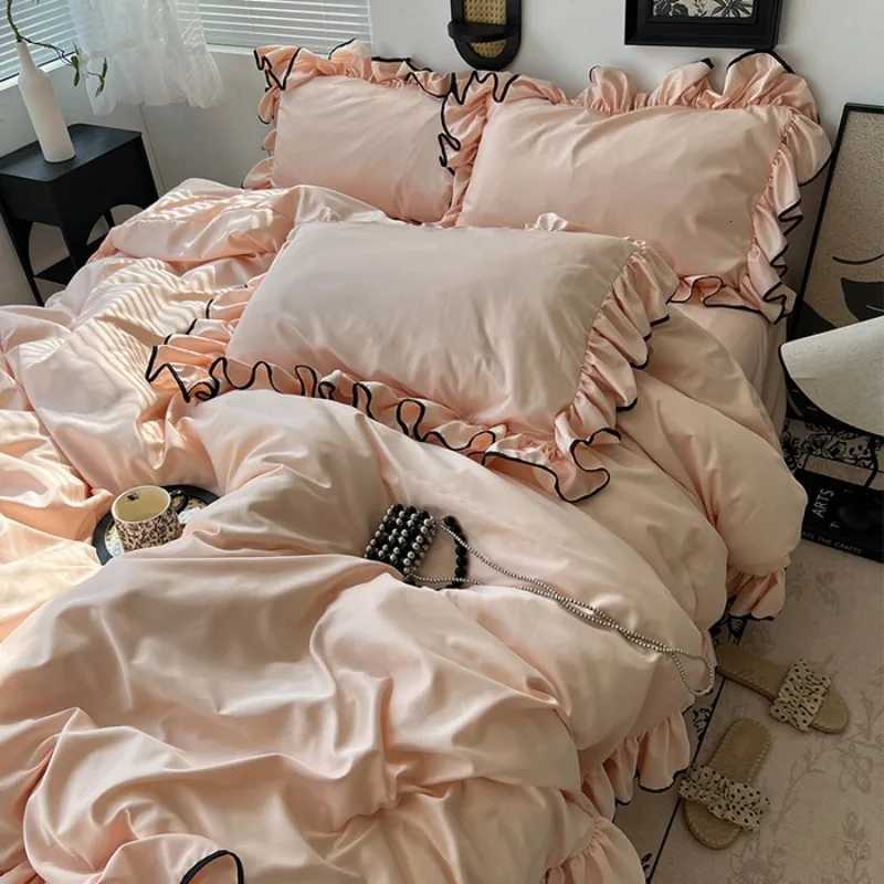 2025 summer ice silk Korean large lace washed silk four-piece set lace mattress cool bed sheet summer bedding Y250819