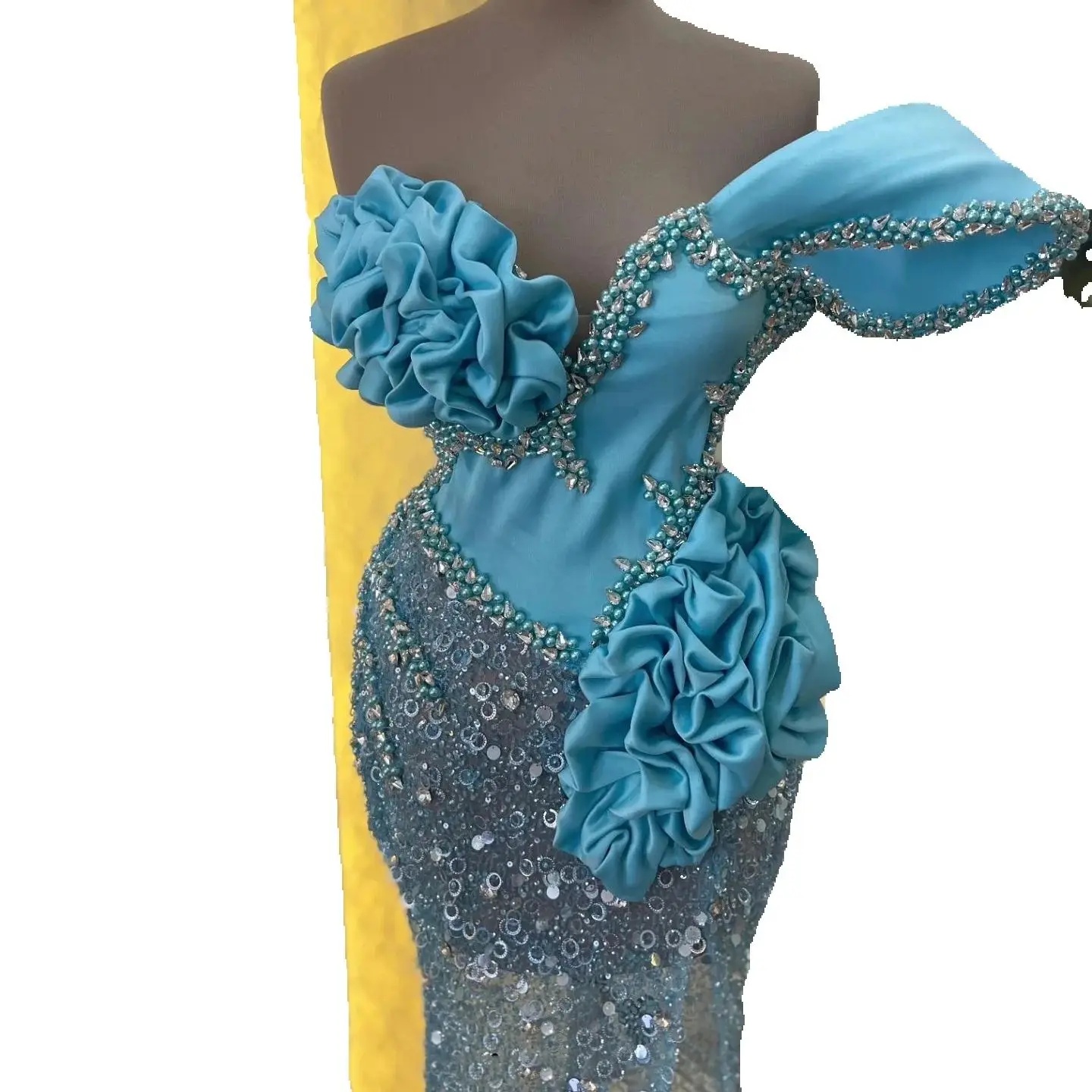 Sexy One Shoulder Beaded Mermaid Evening Gown Sleeveless Ruffles Sequined Prom Dress Illusion Side Slit Party Gown Customized