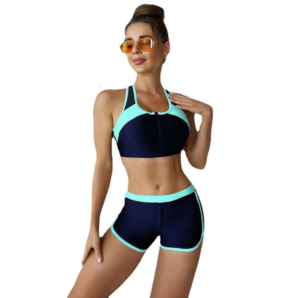 2025 Patchwork Women Bikini Set Zipper Sports Vest Swimsuit Summer Boxer Shorts Two Piece Swimwear Female Push Up Bathing Suit