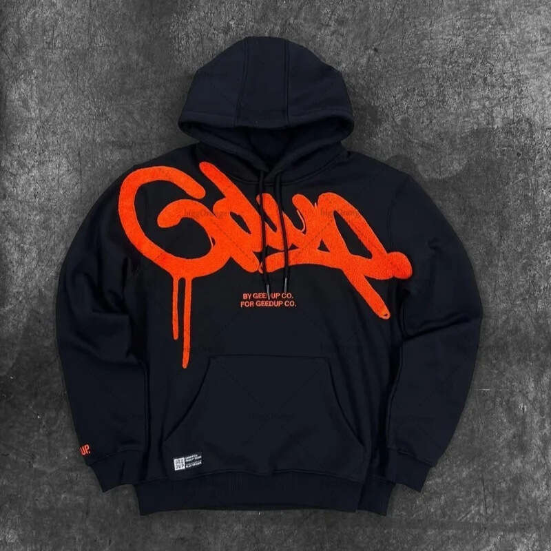 GEEDUP Trendy Brand Letter Embroidery Hoodie Unisex High Street Hip Hop Casual Loose Pullover Sweatshirt