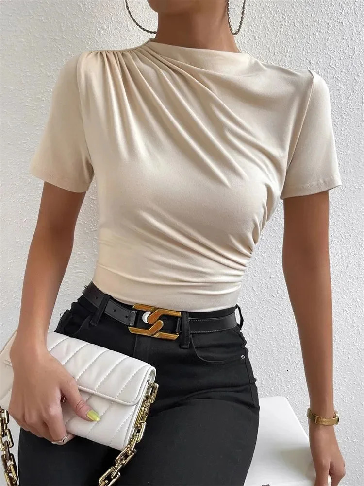 Women Short Sleeve Pleated T-shirt Summer Casual Slim Fit Mock Neck Ruched Tee Top Streetwear 250820