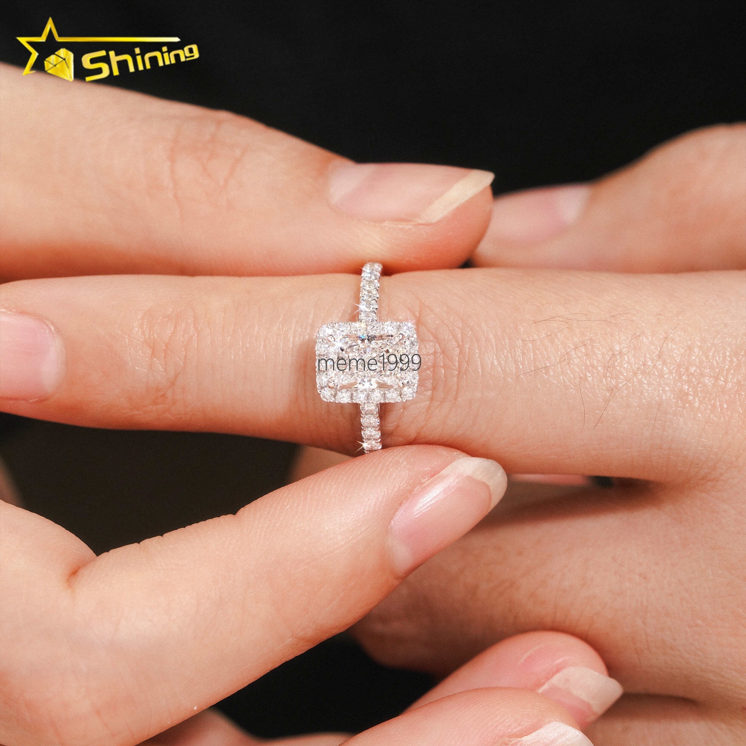 Emerald Cut Halo Half Iced Band 1ct VVS2 Lab Grown Diamond CVD Engagement Ring 18K Solid Gold Wedding Rings