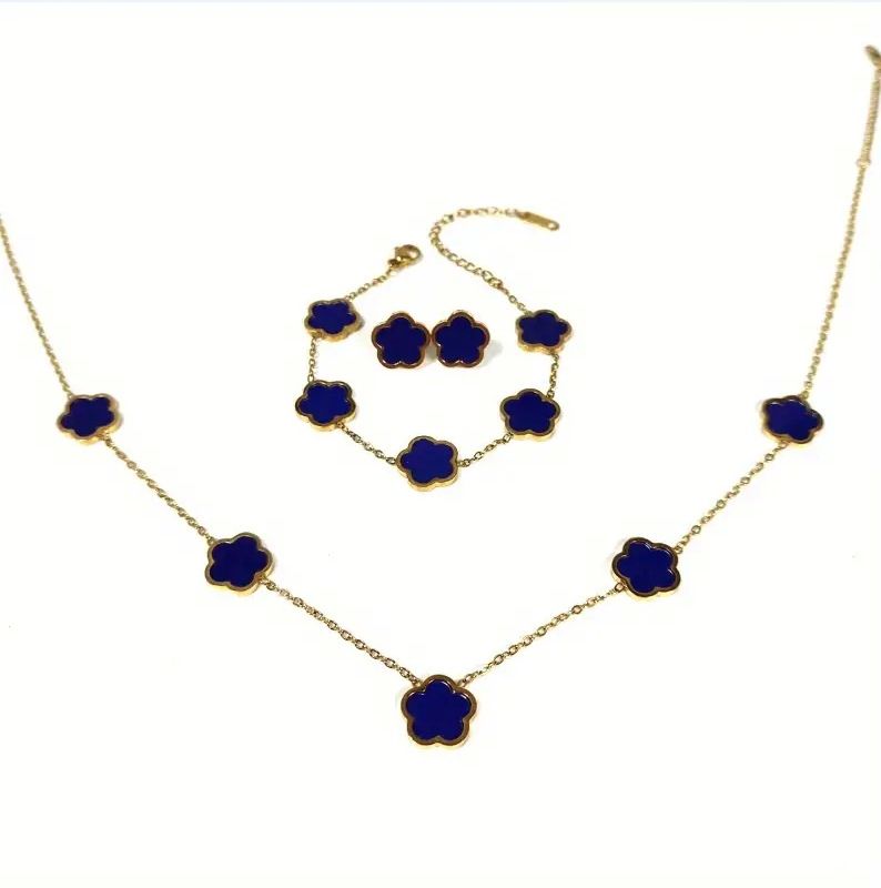 Chic Floral Accents - Complete Matching Bracelet/Necklace with Delicate Five Petal Design