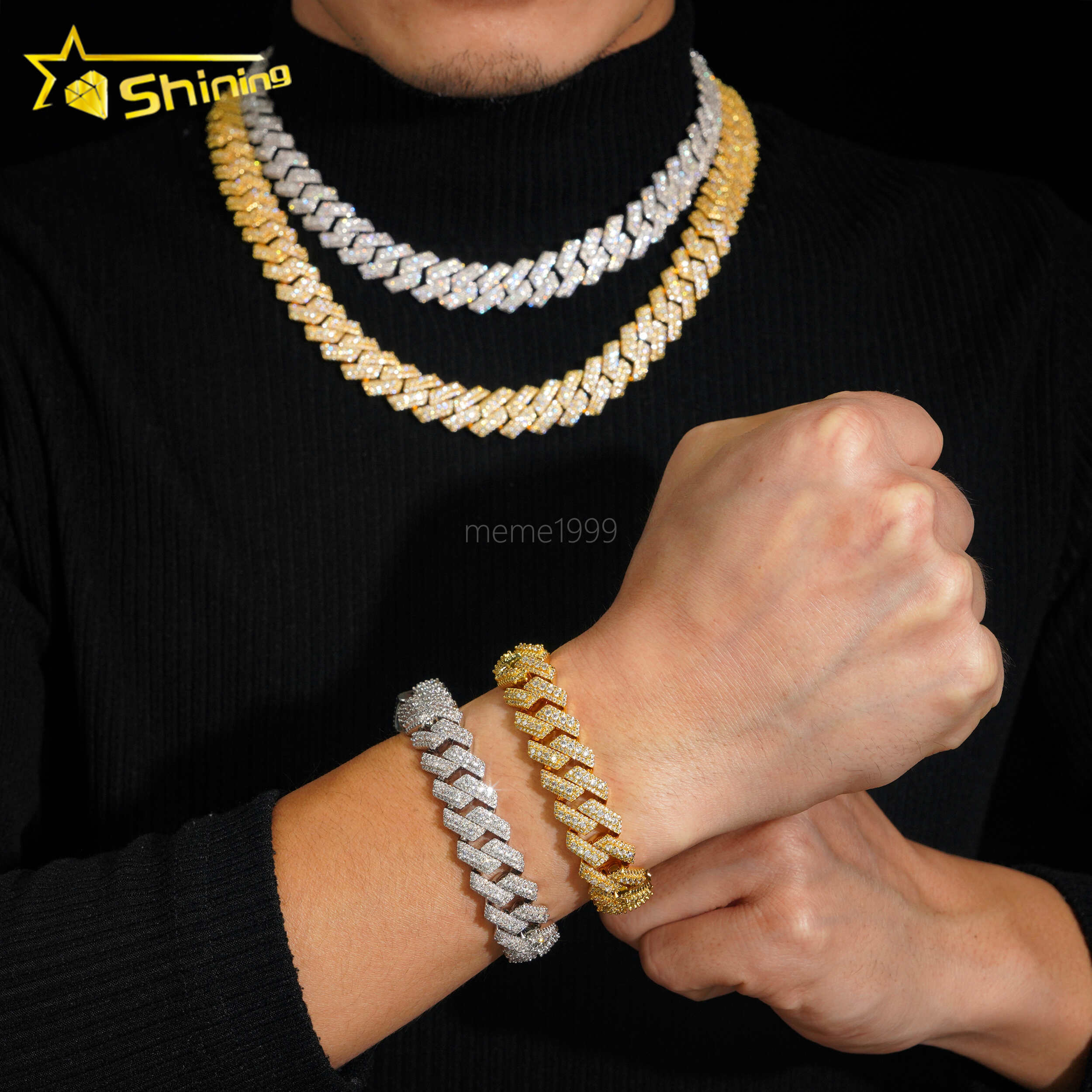 Fashion Hip Hop Jewelry Cuban Link Chain Men 2Rows 15MM Width 18K Gold Plated Round moissanite Brass Cuban Chain