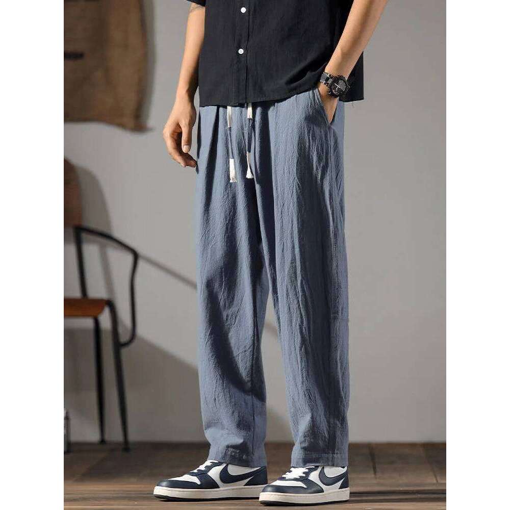 Japenese Cotton Pants Men Summer Straight Casual Ice Silk Sweatpants Male Wide leg Oversize Linen Trousers 2024 New