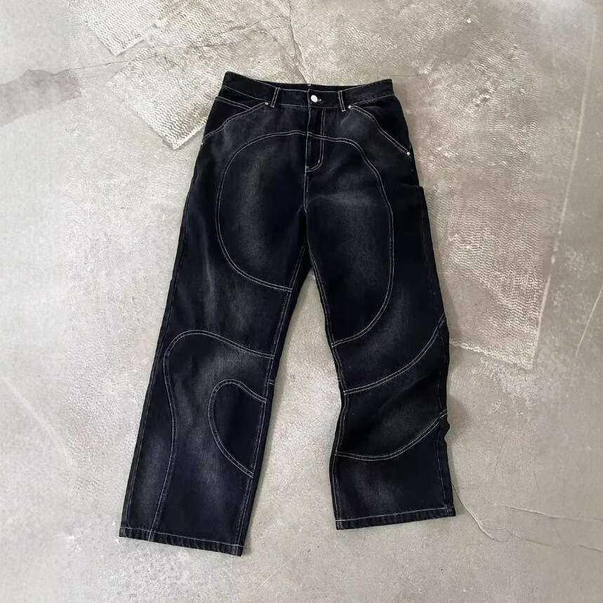 Trendy Brand Line Stitching Jeans for Men High Street Design Loose Embroidered Jacket Gothic Style Set