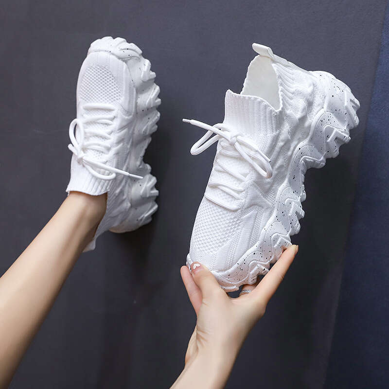 Summer New Trendy Women's with Sock Mouth, Breathable Mesh Wave Sole Casual Running Sports Shoes