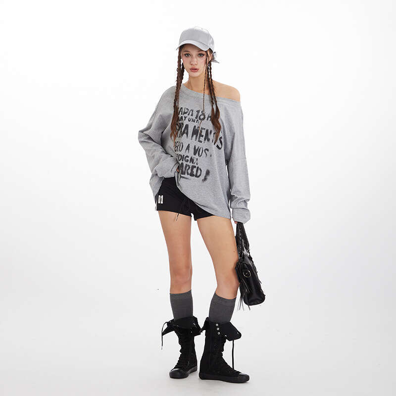 Heyhenry Hot Girl Style Asymmetrical Neck Design Letter Print Long Sleeve Top Women Loose Versatile T-Shirt B5