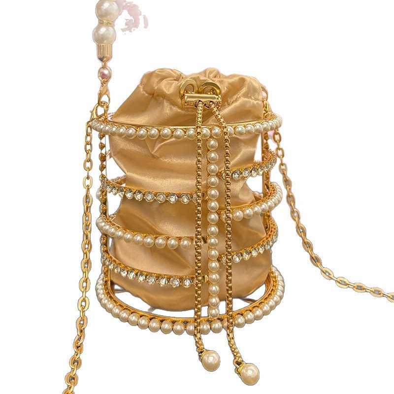 French Style Hollow Silk Satin Shiny Watercress Basket Banquet Pearl Bucket Handheld Crossbody Bag