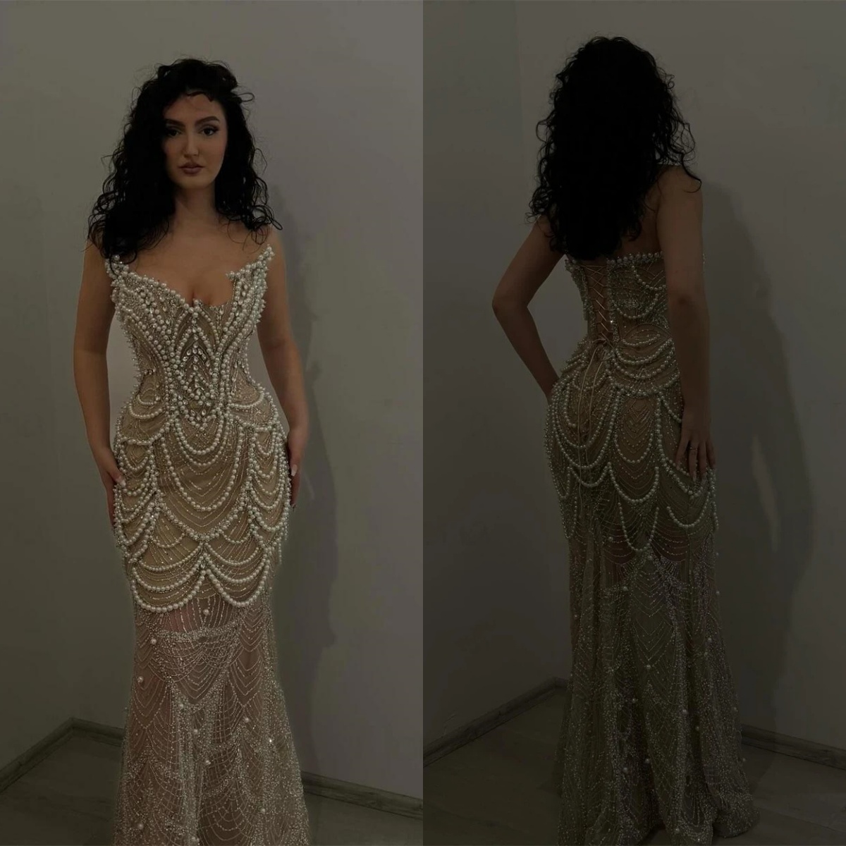 Elegant Pearls Evening Dresses Strapless Prom Gowns Sequins Rhinestone Princess Sleeveless Sweep Train Customized Vestidos De Noche Plus Size