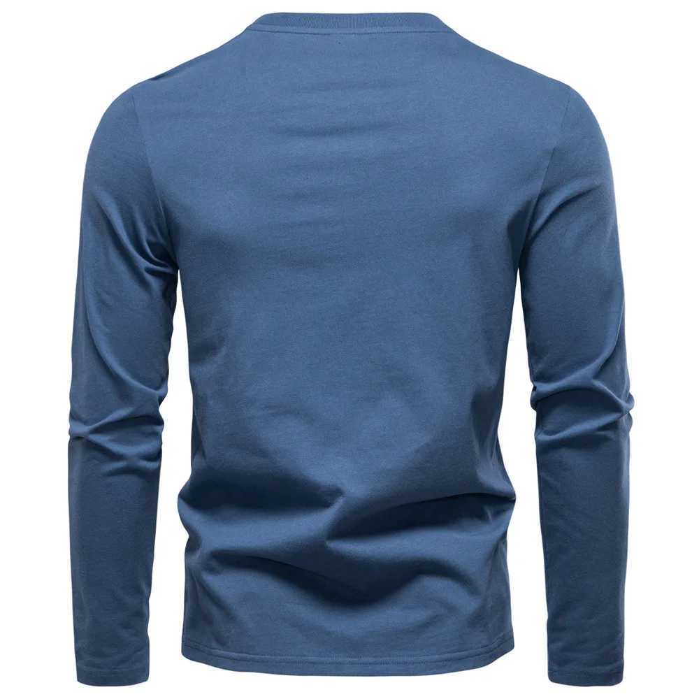 New Autumn 100% Cotton Mens T-shirt Henley T Shirt Men Casual Solid Color Long Sleeve Fake Pocket Fashion T-shirts for Men Y250819