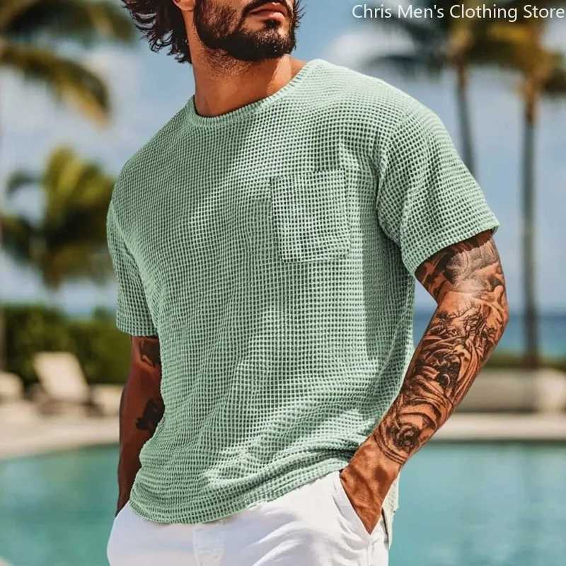 Loose Breathable Sports Round-neck T-shirt Summer Hot Sale 2025 European-sized Mens Waffle T-shirt Retro Soft Casual Top Y250819