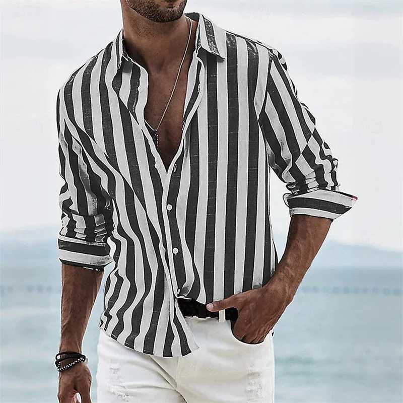 2025 new mens long-sleeved blue striped 3D printed shirt high-quality social mens wear fashionable Hawaiian shirt Y250819