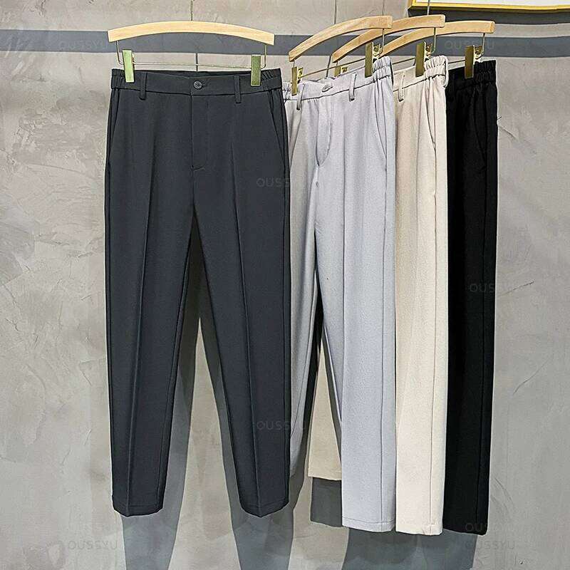 2025 Spring Summer Men's Casual Pants Suit Pant Slim Fit Work Elastic Waist Jogging Business Trousers Male Black Plus Size 40 42