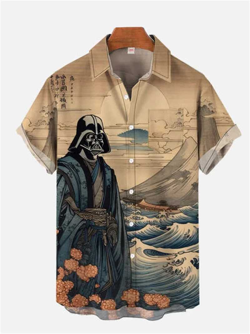 Vintage Japan Harajuku Retro Masked Samurai Graphic Hawaiian Shirts Mens Casual Short Sleeve Beach Shirt Blouse Aloha Shirts Y250819