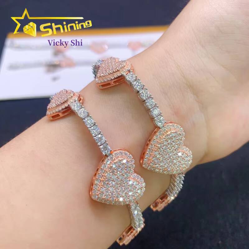 Worldwide Shipping 925 Silver Two Tone Three Heart Moissanite Tennis Bracelet Custom Men Women Hip Hop Moissanite Bracelets