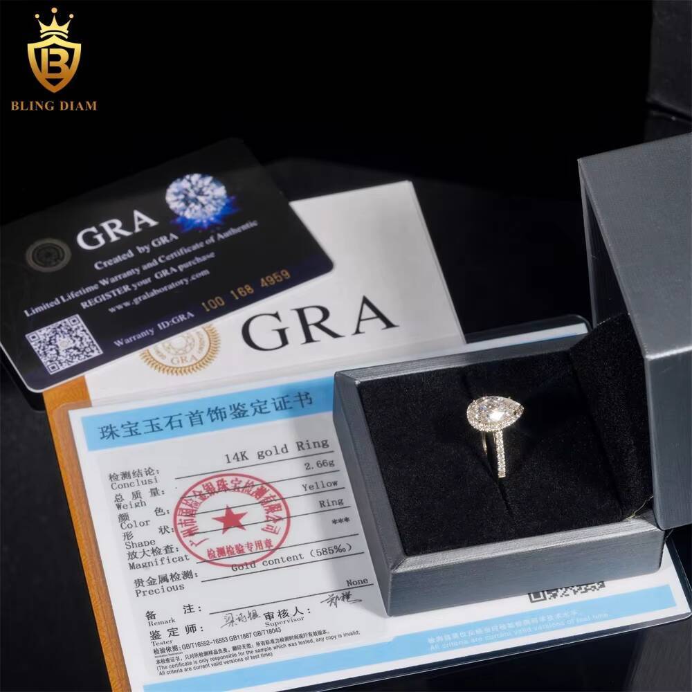 GRA Certificated Luxury VVS Moissanite Diamond 14K Yellow Gold Engagement Wedding Ring