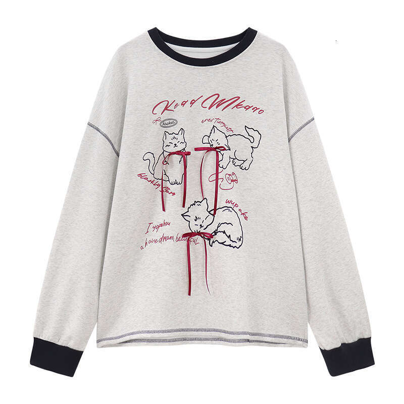 Cartoon Cat Print Bow Long Sleeve Sweatshirt for Women, New Autumn Design, Color-Block Lazy Style Loose Top