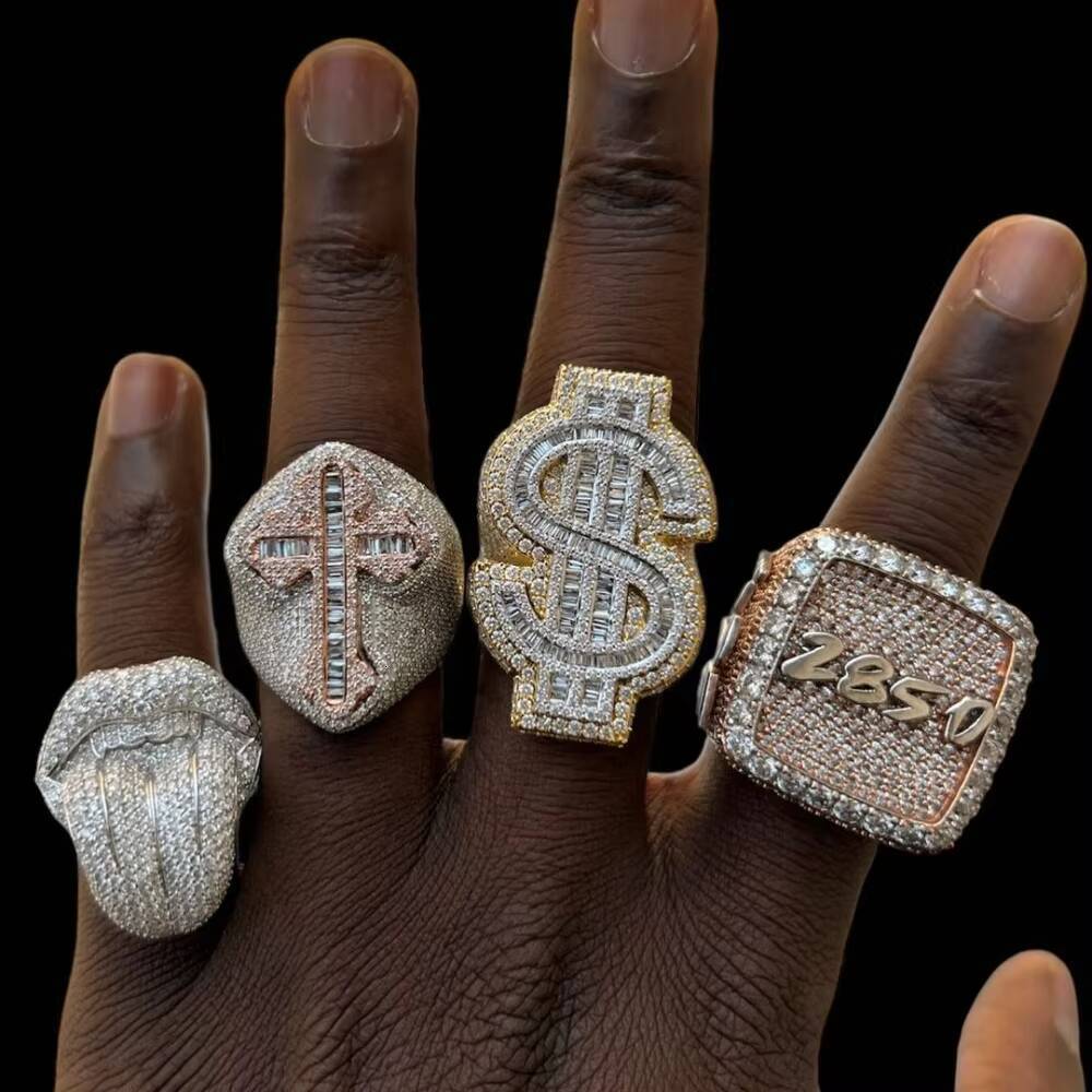 Custom Hiphop Moissanite Ring Fully Iced Out 925 Silver Gold Plated Thick Men Ring Wedding Ring