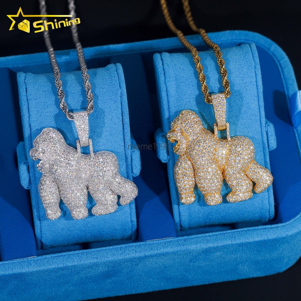 Hip Hop Jewelry Pass Tester 925 Sterling Silver Gold Plated Fully Iced Out Custom Animal Gorilla 1.5in 3D Moissanite Pendant