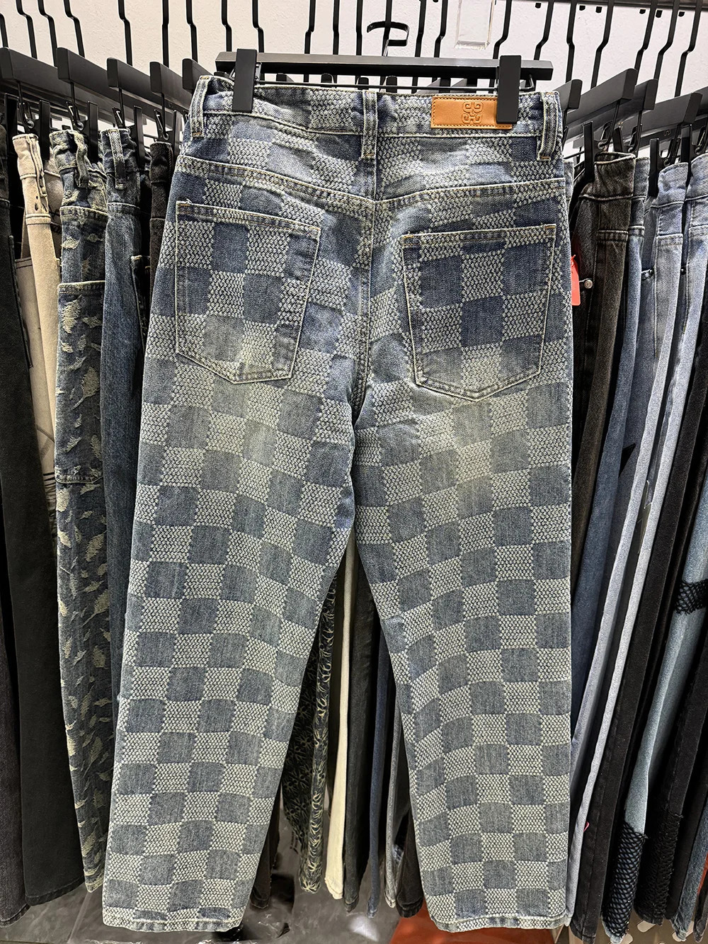 Plaid Pattern Light Blue Mens Jeans Y2k Mid Waist Distressed Pants Loosen Males Streetwear 250820