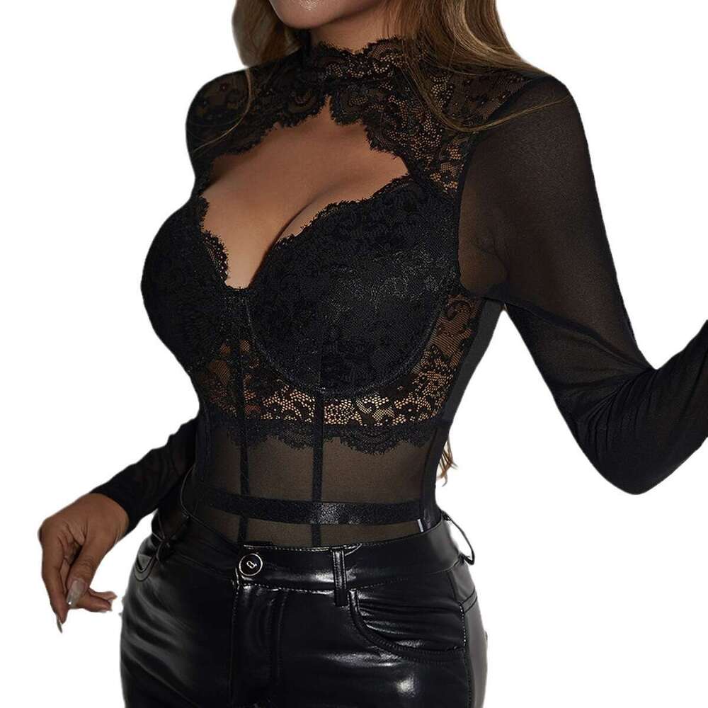 Lace Trim Patchwork Mesh Underwire Hollow Out See-through Sexy Long Sleeve Bodysuit