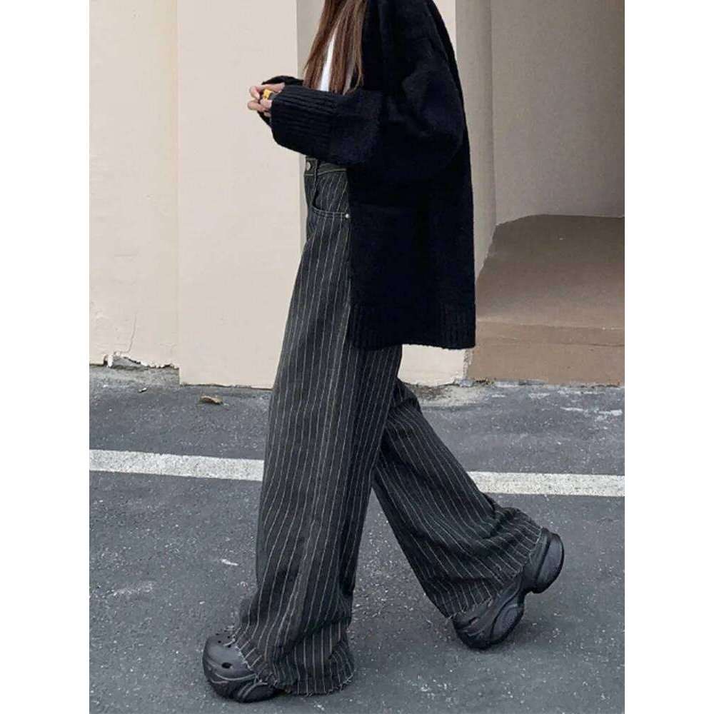 2024 Ropa Y2K Fashion Vintage Striped Wide Leg Baggy Jeans Pants For Women Clothes Straight Washed Black Casual Lady Trousers