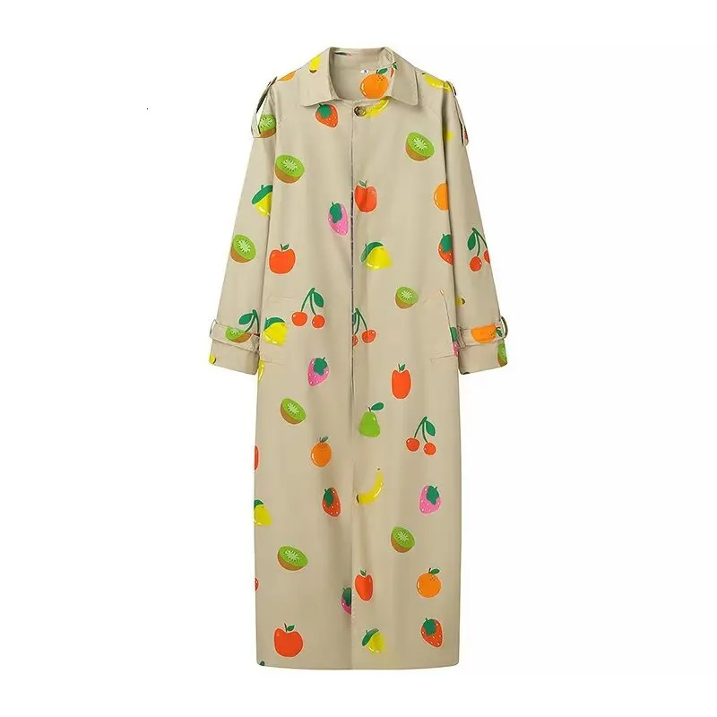 Fruit Pattern Print Wind Coat Single Breasted Turn-down Collar Long Coat Fashion Pocket Trench Coat Autumn Winter Outerwear 250820