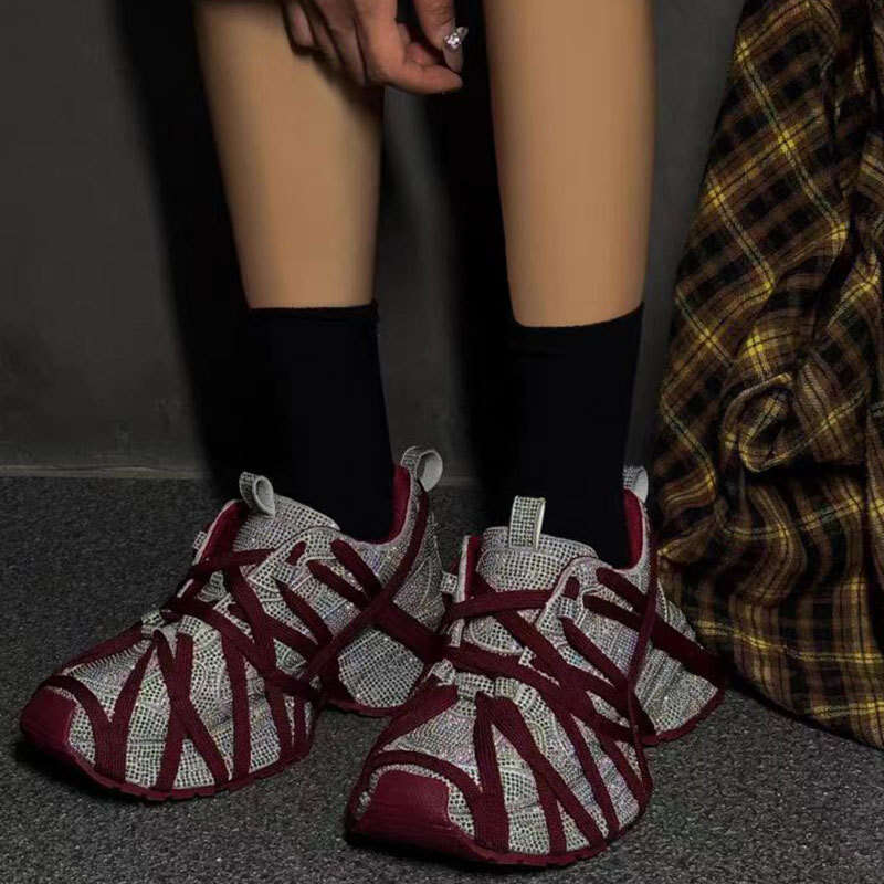 Paris Starry Sky Rhinestone Thick-Soled Dad for Women 3XL Lace-Up Style Ancora Red New Casual Trendy Breathable Shoes