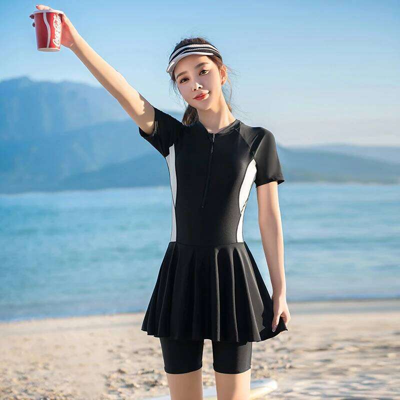 Modest Swimsuit For Women One Piece Large Size Swimwear Korean Style Swim Skirt Conservative Beachwear Ladies Swimming Suit 5Xl
