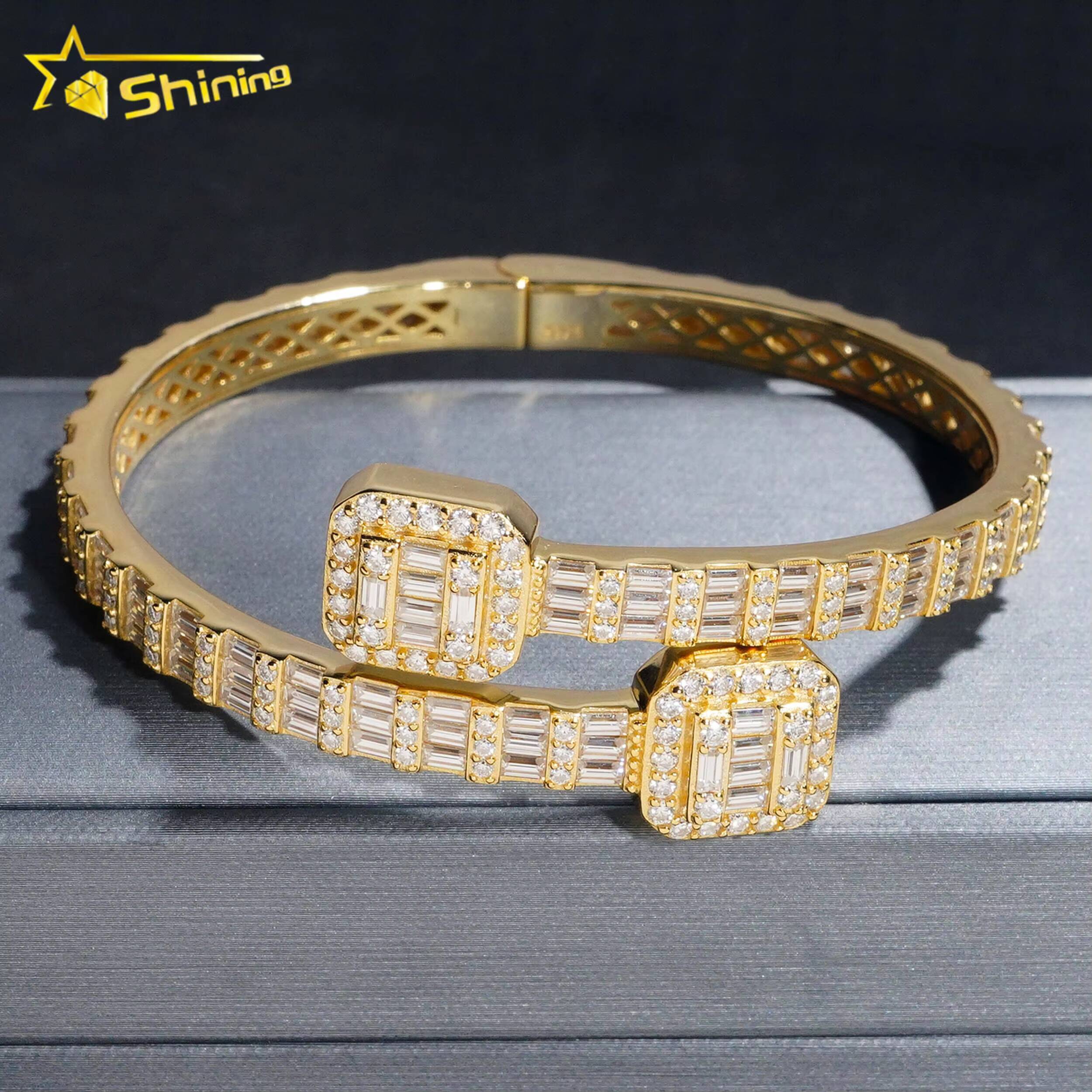 Fine Jewelry Sterling Silver 925 Fashion Iced Out VVS Baguette Moissanite Cuban Link Diamond Bracelet Bangles